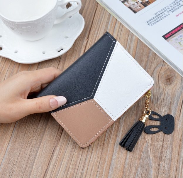 1 Cartera de mujer de color negro, blanco y café, monedero de cremallera, tarjetero - Imagen 1