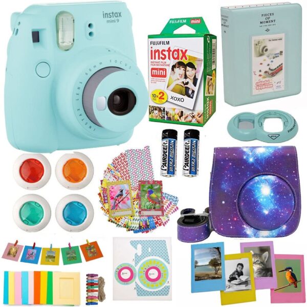 Cámara Fujifilm Instax Mini 9 Ice Blue (EE. UU.) + Kit de accesorios para cámara Fujifilm Instax Mini 9 Incluye cámara instantánea + Película Fuji Instax (20 PK) Funda Galaxy + Marcos + Lente Selfie + Álbum y más - Imagen 1