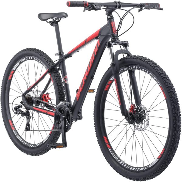 Bicicleta de montaña Schwinn Bonafide con suspensión delantera, con cuadro de aluminio mediano / 17 pulgadas y transmisión Shimano de 24 velocidades con ruedas de 29 pulgadas y frenos de disco mecánicos, negro mate / rojo - Imagen 1