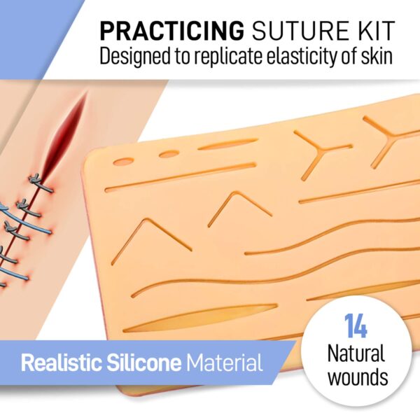 KIT completo practica saturación Medical para estudiantes - Reusable Skin Simulation Silicon PAD 4th GEN with PRE-Cut Wounds, Full Set of Essentials Stainless Still SUTURING Tools - Imagen 3
