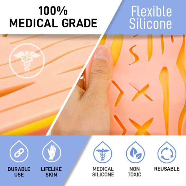 KIT completo practica saturación Medical para estudiantes - Reusable Skin Simulation Silicon PAD 4th GEN with PRE-Cut Wounds, Full Set of Essentials Stainless Still SUTURING Tools - Imagen 8