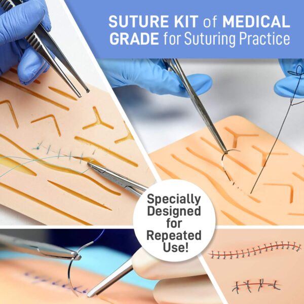 KIT completo practica saturación Medical para estudiantes - Reusable Skin Simulation Silicon PAD 4th GEN with PRE-Cut Wounds, Full Set of Essentials Stainless Still SUTURING Tools - Imagen 10
