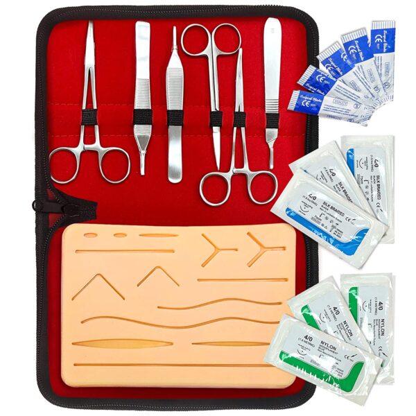 KIT completo practica saturación Medical para estudiantes - Reusable Skin Simulation Silicon PAD 4th GEN with PRE-Cut Wounds, Full Set of Essentials Stainless Still SUTURING Tools - Imagen 1
