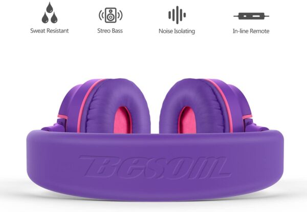 Audífonos Besom i36 - Auriculares de diadema para niños con control de micrófono, estéreo, ajustable, plegables, sin enredos, clavija de audio de 0.138 in, con cable, para niños, adolescentes, niñas, niños y adultos - Imagen 11