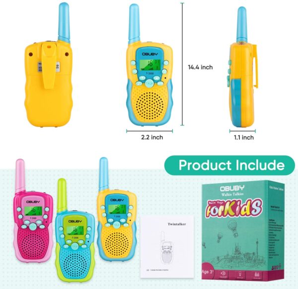 Radios de comunicación para niños Obuby , 22 canales de radio de 2 vías juguete para niños de 4.8 Kilometros de largo alcance con linterna LCD retroiluminada, camping, senderismo, 3 unidades, Azul, rosa y amarillo. - Imagen 7