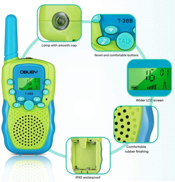 Radios de comunicación para niños Obuby , 22 canales de radio de 2 vías juguete para niños de 4.8 Kilometros de largo alcance con linterna LCD retroiluminada, camping, senderismo, 3 unidades, Azul, rosa y amarillo. - Imagen 4
