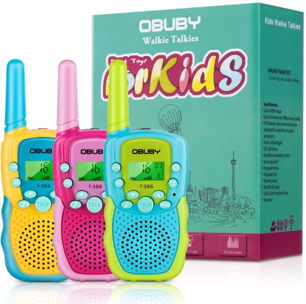 Radios de comunicación para niños Obuby , 22 canales de radio de 2 vías juguete para niños de 4.8 Kilometros de largo alcance con linterna LCD retroiluminada, camping, senderismo, 3 unidades, Azul, rosa y amarillo. - Imagen 2