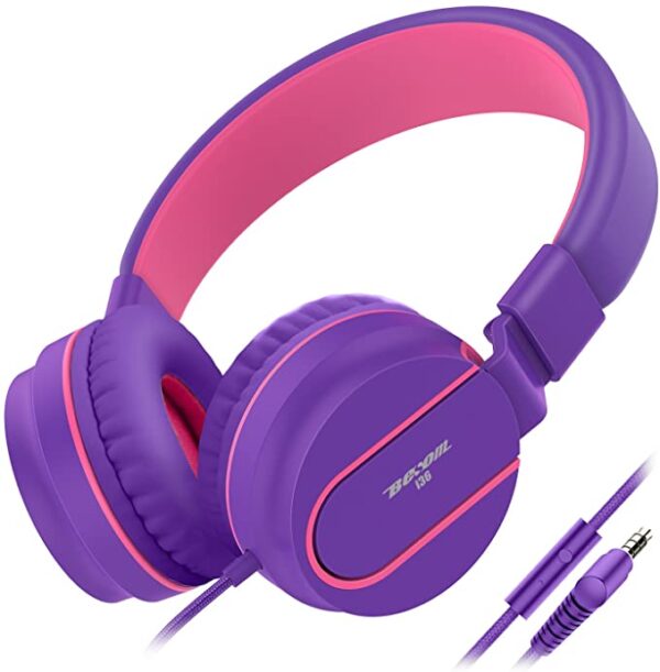 Audífonos Besom i36 - Auriculares de diadema para niños con control de micrófono, estéreo, ajustable, plegables, sin enredos, clavija de audio de 0.138 in, con cable, para niños, adolescentes, niñas, niños y adultos - Imagen 9