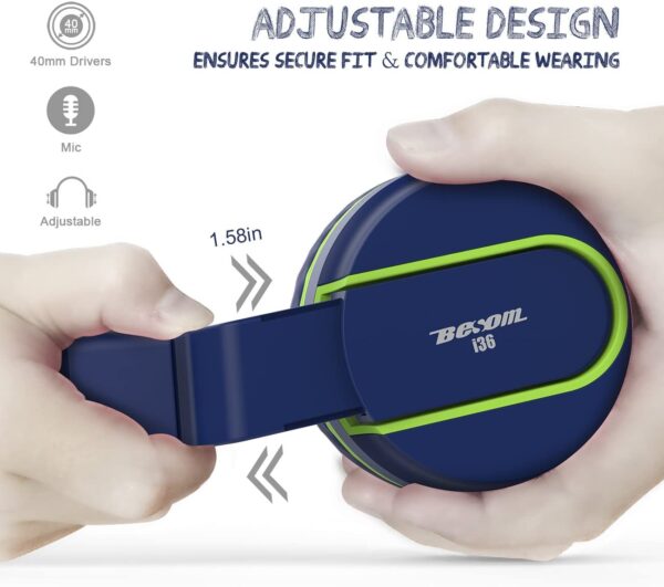 Audífonos Besom i36 - Auriculares de diadema para niños con control de micrófono, estéreo, ajustable, plegables, sin enredos, clavija de audio de 0.138 in, con cable, para niños, adolescentes, niñas, niños y adultos - Imagen 4