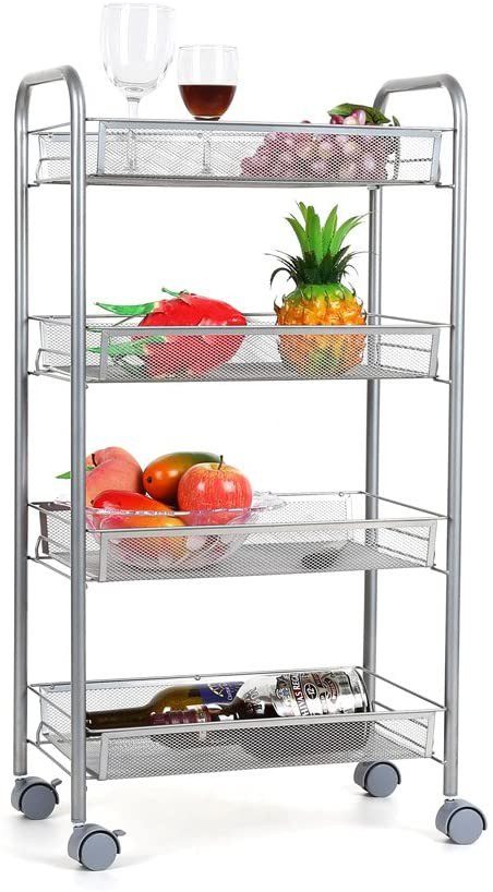 Verdulero Carro de almacenamiento de cocina con ruedas, cesta de alambre de acero, estantería, fácil de mover, Acero - Imagen 2