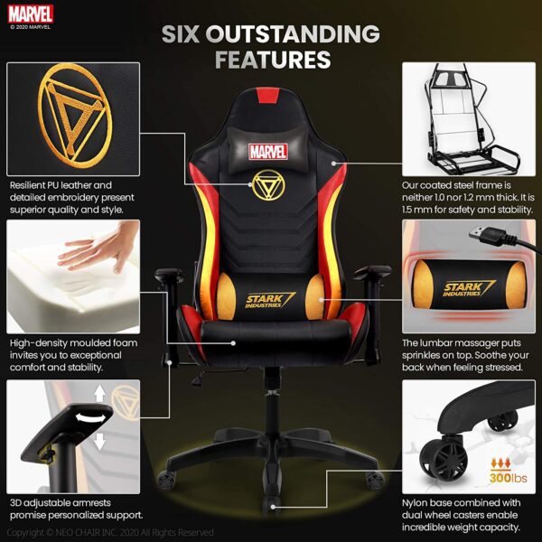 Silla de escritorio de los Vengadores de Marvel para juegos de mesa de oficina y de carreras de ordenador Iron Man - Imagen 3