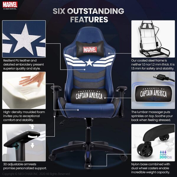 Silla de escritorio de los Vengadores de Marvel para juegos de mesa de oficina y de carreras de ordenador Capitán América - Imagen 5