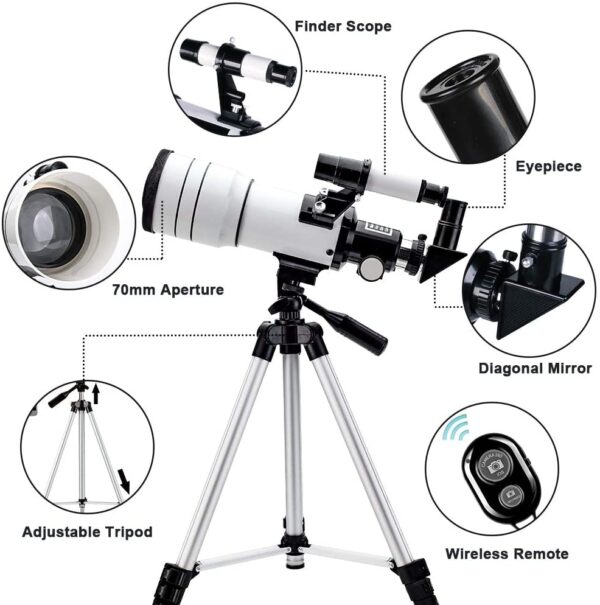 Telescopio Model 70400 70M principiantes, 2.756 in de apertura, 11.811 in, telescopio refractor astronómico (15 x 150 X), telescopio portátil de viaje con un trípode ajustable, un adaptador de teléfono y un mando a distancia inalámbrico - Imagen 7