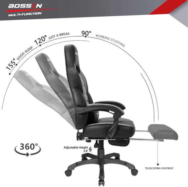 Silla gamer BOSSIN Silla de escritorio para ordenador con reposapiés y reposacabezas, diseño ergonómico, gran tamaño de respaldo alto, silla giratoria de piel sintética, Cuero falso, Gris y negro - Imagen 2