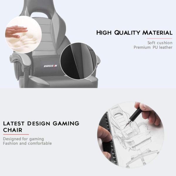 Silla gamer BOSSIN Silla de escritorio para ordenador con reposapiés y reposacabezas, diseño ergonómico, gran tamaño de respaldo alto, silla giratoria de piel sintética, Cuero falso, Gris y negro - Imagen 4
