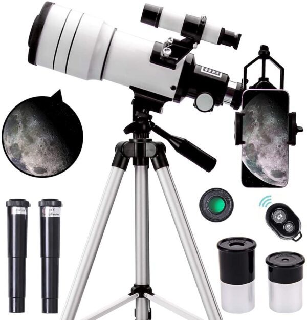 Telescopio Model 70400 70M principiantes, 2.756 in de apertura, 11.811 in, telescopio refractor astronómico (15 x 150 X), telescopio portátil de viaje con un trípode ajustable, un adaptador de teléfono y un mando a distancia inalámbrico - Imagen 2