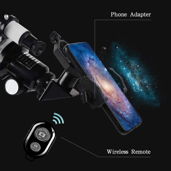 Telescopio Model 70400 70M principiantes, 2.756 in de apertura, 11.811 in, telescopio refractor astronómico (15 x 150 X), telescopio portátil de viaje con un trípode ajustable, un adaptador de teléfono y un mando a distancia inalámbrico - Imagen 5