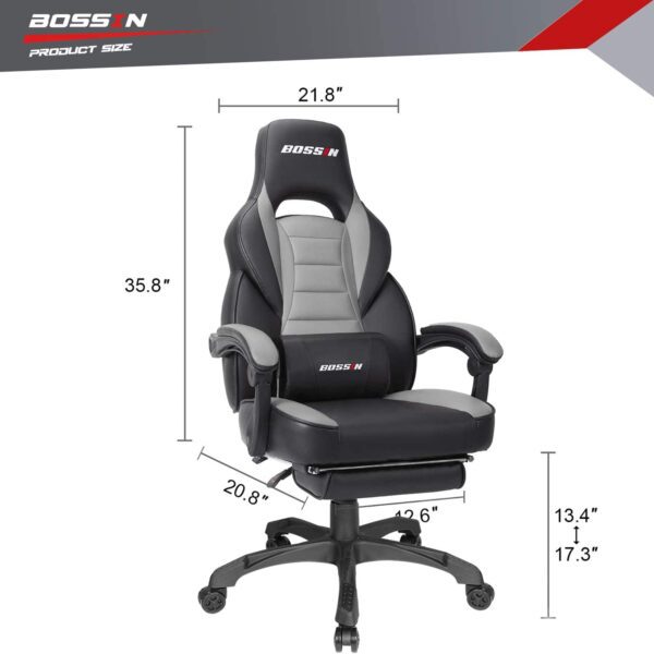 Silla gamer BOSSIN Silla de escritorio para ordenador con reposapiés y reposacabezas, diseño ergonómico, gran tamaño de respaldo alto, silla giratoria de piel sintética, Cuero falso, Gris y negro - Imagen 3