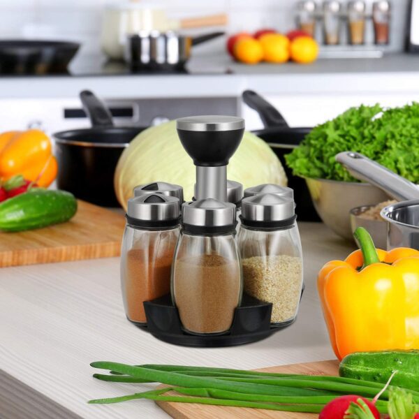 Organizador giratorio de 6 tarros para especias, organizador giratorio para encimera de hierbas y especias con 6 botellas de vidrio (especias no incluidas) - Imagen 6