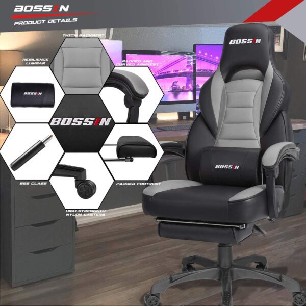 Silla gamer BOSSIN Silla de escritorio para ordenador con reposapiés y reposacabezas, diseño ergonómico, gran tamaño de respaldo alto, silla giratoria de piel sintética, Cuero falso, Gris y negro - Imagen 6