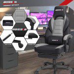 Silla gamer BOSSIN Silla de escritorio para ordenador con reposapiés y reposacabezas, diseño ergonómico, gran tamaño de respaldo alto, silla giratoria de piel sintética, Cuero falso, Gris y negro - Imagen 6