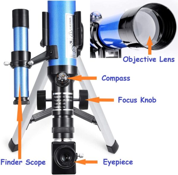 Telescopio para niños (400 x 40 mm), con trípode y buscador de alcance, telescopio portátil para niños y principiantes, alcance de viaje con espejo lunar, mapa de estrellas y luna incluido. - Imagen 4