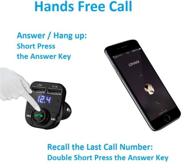 Cargador de carro con manos libres, transmisor FM inalámbrico Bluetooth, receptor de radio, adaptador estéreo de música, cargador de puerto USB dual compatible para todos los smartphones, Samsung Galaxy, LG, HTC, etc. - Imagen 3