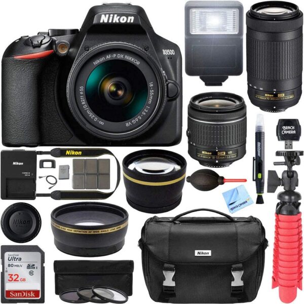 Camara Nikon D3500 Cámara DSLR con AF-P DX 0.709-2.165 in VR y 2.756-11.811 in lente de doble zoom paquete con funda de viaje, lente gran angular, teleobjetivo, juegos de filtros, tarjeta de memoria de 32 GB y accesorios (11 artículos) - Imagen 9