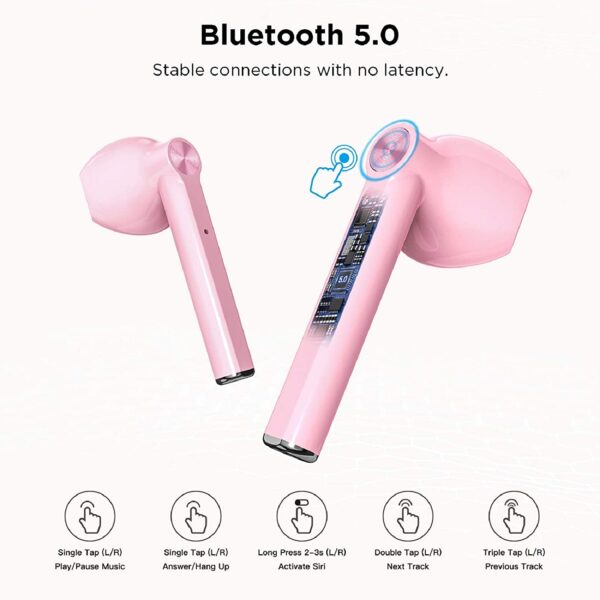 Audífonos inalámbricos LETSCOM, auriculares Bluetooth 5.0 en el oído verdaderos auriculares estéreo inalámbricos, 20 horas de reproducción con funda de carga, auriculares Bluetooth con micrófono incorporado para deportes y trabajo-rosa - Imagen 3