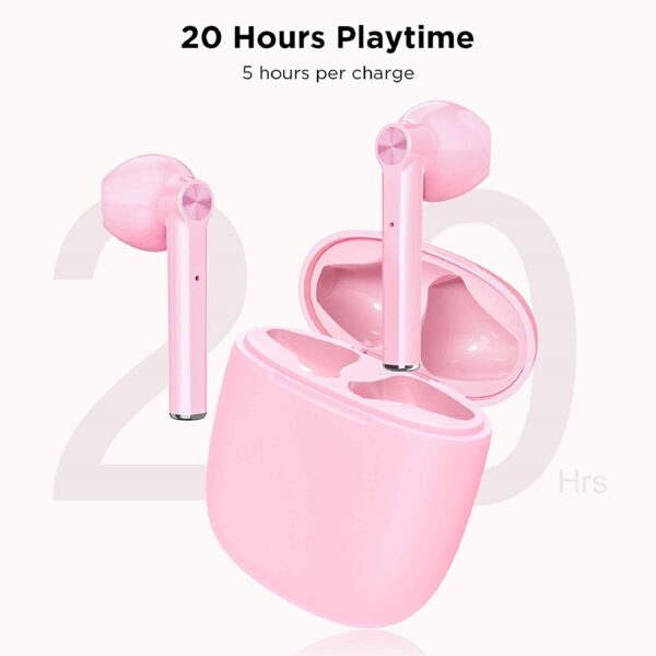 Audífonos inalámbricos LETSCOM, auriculares Bluetooth 5.0 en el oído verdaderos auriculares estéreo inalámbricos, 20 horas de reproducción con funda de carga, auriculares Bluetooth con micrófono incorporado para deportes y trabajo-rosa - Imagen 5