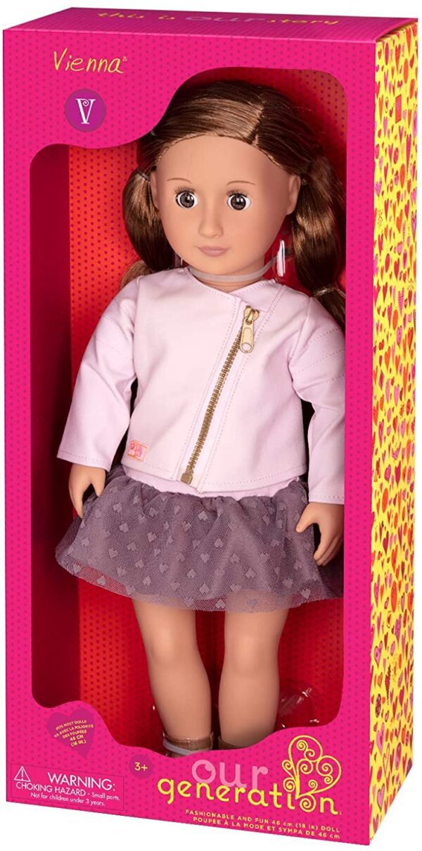 Muñeca Viena Our Generation 18 inch Regular Doll Viena con largo café Cabello, Brown Eyes, Rosa cierre chamarra, púrpura de volantes falda y sandalias. - Imagen 2