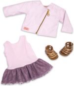 Muñeca Viena Our Generation 18 inch Regular Doll Viena con largo café Cabello, Brown Eyes, Rosa cierre chamarra, púrpura de volantes falda y sandalias. - Imagen 3