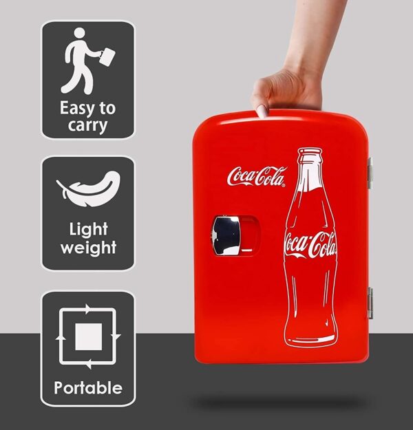 Hielera Coca-Cola portátil, clásico, de 4.2 cuartos de galón, 6 latas, refrigerador portátil, mini refrigerador, bebidas, alimentos para bebés, cuidado de la piel y medicamentos, uso en el hogar, oficina, dormitorio y coche, con enchufes AC y DC, rojo y blanco - Imagen 6