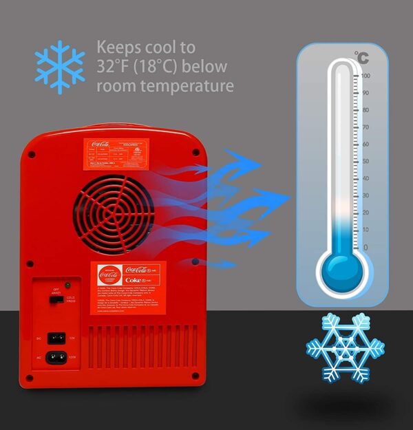 Hielera Coca-Cola portátil, clásico, de 4.2 cuartos de galón, 6 latas, refrigerador portátil, mini refrigerador, bebidas, alimentos para bebés, cuidado de la piel y medicamentos, uso en el hogar, oficina, dormitorio y coche, con enchufes AC y DC, rojo y blanco - Imagen 4