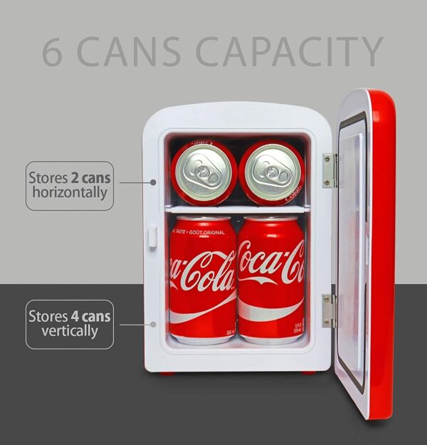 Hielera Coca-Cola portátil, clásico, de 4.2 cuartos de galón, 6 latas, refrigerador portátil, mini refrigerador, bebidas, alimentos para bebés, cuidado de la piel y medicamentos, uso en el hogar, oficina, dormitorio y coche, con enchufes AC y DC, rojo y blanco - Imagen 5