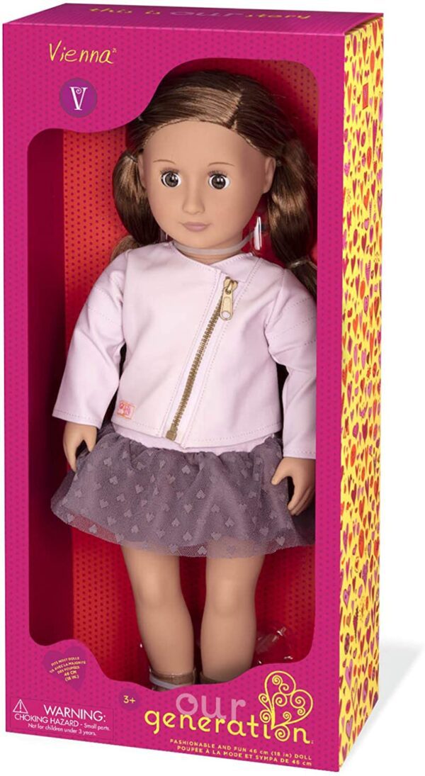 Muñeca Viena Our Generation 18 inch Regular Doll Viena con largo café Cabello, Brown Eyes, Rosa cierre chamarra, púrpura de volantes falda y sandalias. - Imagen 4