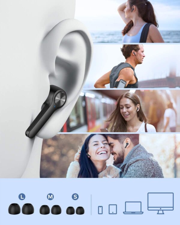 Audifonos inalámbricos IPX7 impermeables, Saimly Bluetooth 5.0 con cancelación de ruido, audífonos estéreo HD inalámbricos, audífonos in-ear de 30 horas de tiempo de reproducción con micrófono integrado, funda de carga portátil - Imagen 2