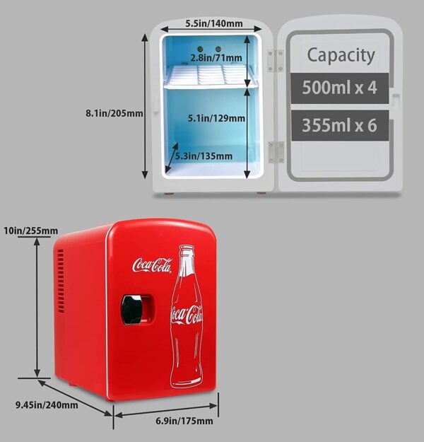 Hielera Coca-Cola portátil, clásico, de 4.2 cuartos de galón, 6 latas, refrigerador portátil, mini refrigerador, bebidas, alimentos para bebés, cuidado de la piel y medicamentos, uso en el hogar, oficina, dormitorio y coche, con enchufes AC y DC, rojo y blanco - Imagen 9