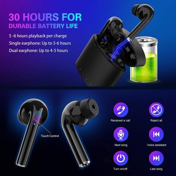 Audifonos inalámbricos IPX7 impermeables, Saimly Bluetooth 5.0 con cancelación de ruido, audífonos estéreo HD inalámbricos, audífonos in-ear de 30 horas de tiempo de reproducción con micrófono integrado, funda de carga portátil - Imagen 6