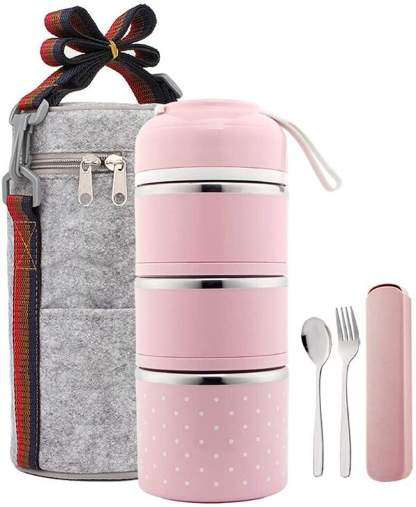 Lonchera de acero inoxidable THERMO YBOBK Home Bento, apilable, con bolsa y juego de cubiertos reutilizable, recipiente de almacenamiento térmico para llevar comida saludable y refrigerios - Imagen 4