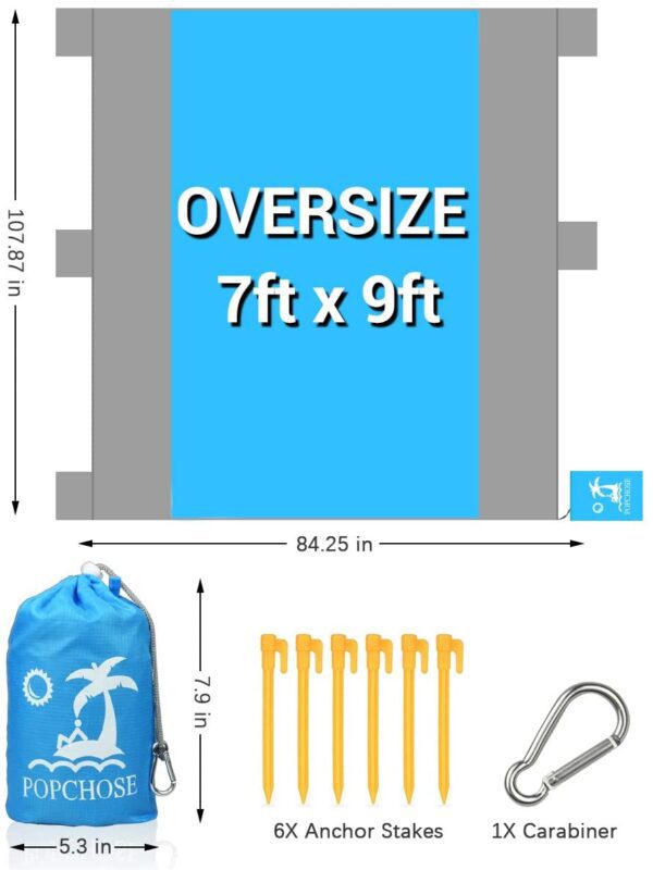 Manta de playa libre de arena grande para 4 – 7 adultos, impermeable bolsillo picnic manta con 6 estacas, manta al aire libre para viajes, camping, senderismo - Imagen 2