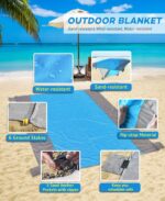 Manta de playa libre de arena grande para 4 – 7 adultos, impermeable bolsillo picnic manta con 6 estacas, manta al aire libre para viajes, camping, senderismo - Imagen 3