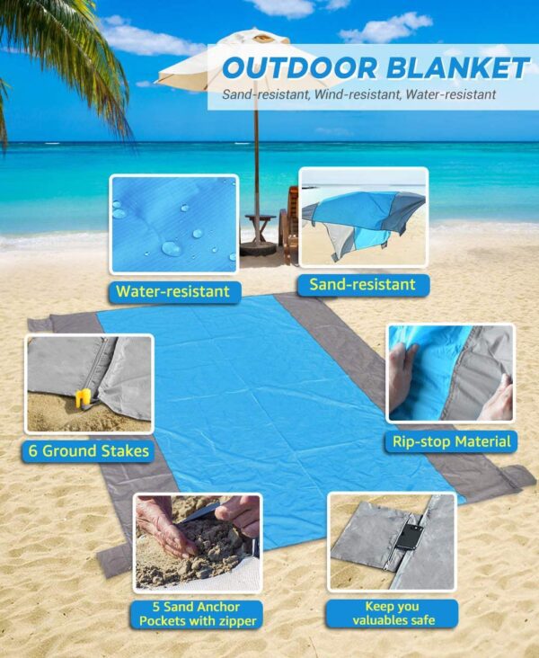 Manta de playa libre de arena grande para 4 – 7 adultos, impermeable bolsillo picnic manta con 6 estacas, manta al aire libre para viajes, camping, senderismo - Imagen 3