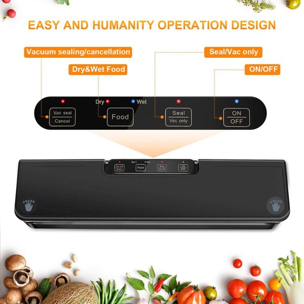 Máquina selladora al vacío, con sistema de sellado de aire, modos secos y húmedos, luz indicadora LED, para preservación de alimentos con 15 bolsas selladoras al vacío - Imagen 6