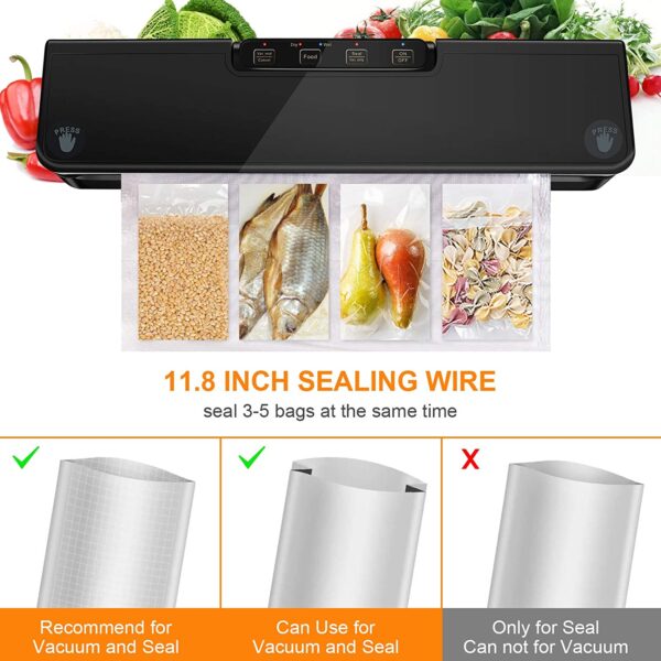 Máquina selladora al vacío, con sistema de sellado de aire, modos secos y húmedos, luz indicadora LED, para preservación de alimentos con 15 bolsas selladoras al vacío - Imagen 7