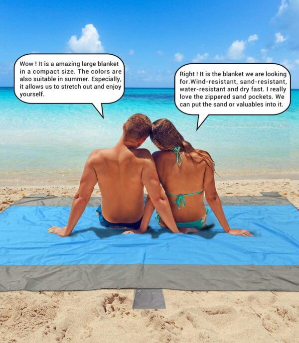 Manta de playa libre de arena grande para 4 – 7 adultos, impermeable bolsillo picnic manta con 6 estacas, manta al aire libre para viajes, camping, senderismo - Imagen 7