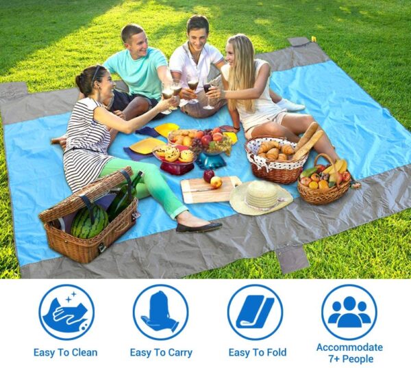 Manta de playa libre de arena grande para 4 – 7 adultos, impermeable bolsillo picnic manta con 6 estacas, manta al aire libre para viajes, camping, senderismo - Imagen 8