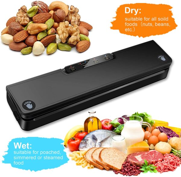 Máquina selladora al vacío, con sistema de sellado de aire, modos secos y húmedos, luz indicadora LED, para preservación de alimentos con 15 bolsas selladoras al vacío - Imagen 3