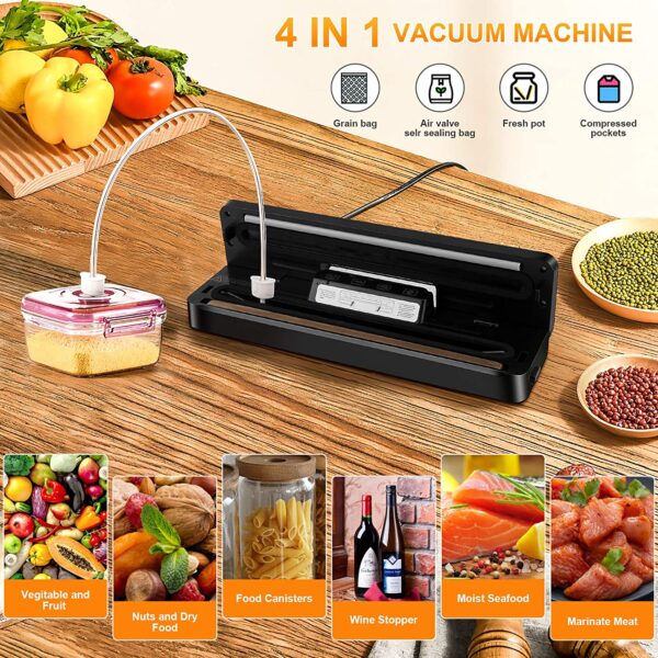 Máquina selladora al vacío, con sistema de sellado de aire, modos secos y húmedos, luz indicadora LED, para preservación de alimentos con 15 bolsas selladoras al vacío - Imagen 5