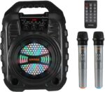 Máquina de karaoke con 2 micrófonos inalámbricos, sistema PA portátil Bluetooth altavoz PA con luces LED, grabación de audio, radio FM, control remoto, compatible con tarjeta TF/USB/AUX
